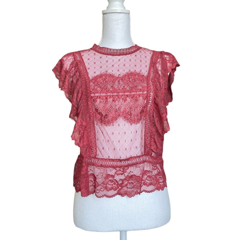 Lace Ruffle Top Size Large Burgundy Sheer